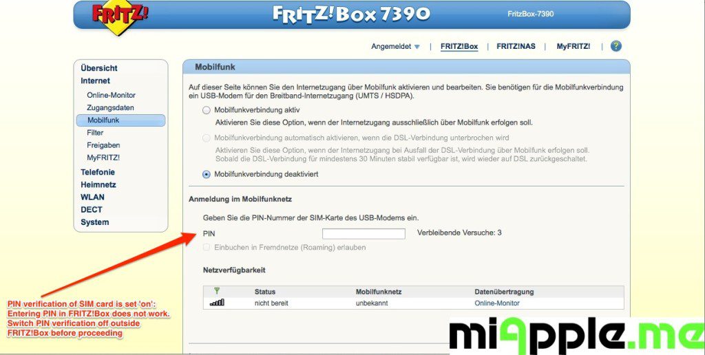 FRITZ!Box GSM-Gateway via a mobile broadband modem USB-stick: Entering PIN of the SIM card for PIN verification