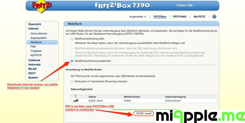 FRITZ!Box GSM-Gateway via a mobile broadband modem USB-stick: USB modem connected to the mobile network