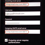 iCloud email set up on Windows Phone 7 and Windows Phone 8: IMAP and SMTP settings of iCloud email shown after normal set up procedure