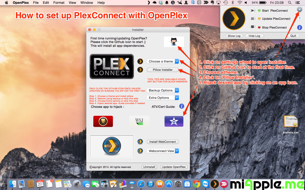 OpenPlex set up PlexConnect: 1. Click on settings wheel to open installer. 2. Click on GitHub icon to start at the first time. 3. Choose a theme. 4. Click on 'Pillow Installer'. 5. Hijack desired app by clicking on an app icon.