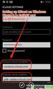 Setting up iCloud on Windows Phone 8.1_iCloud advanced settings CardDAV-CalDAV