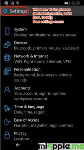 Windows 10 for phones technical preview build 9941.12498 settings