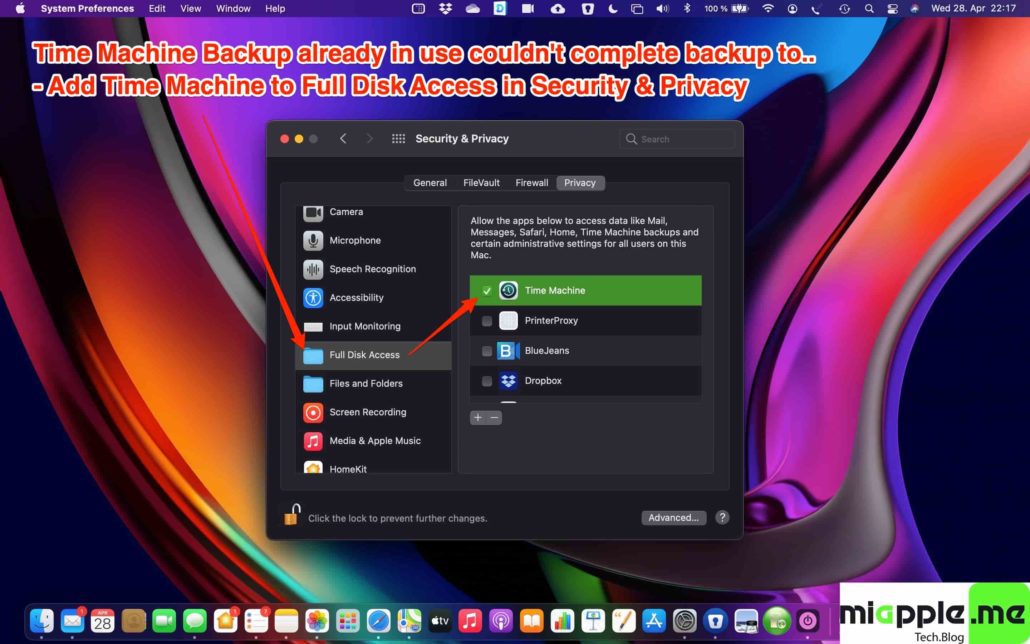 Fix macOS Time Machine Backup already in use privacy full disk access